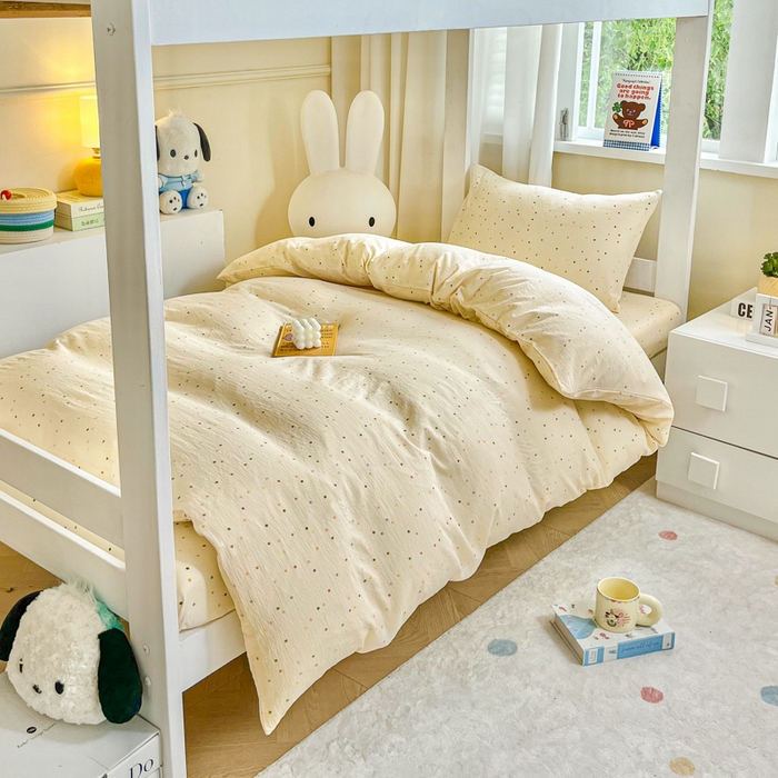 91家纺网 家纺一手货源 找家纺 优米家纺 2025新款A类云感双层纱学生宿舍三件套上下铺三件套 七彩点点