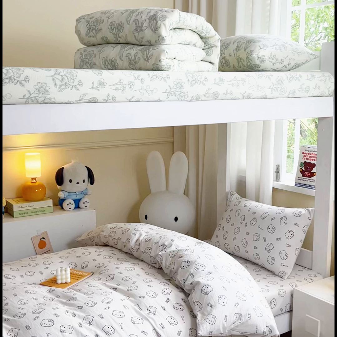 91家纺网 家纺一手货源 找家纺 优米家纺 2025新款A类云感双层纱学生宿舍三件套上下铺三件套 小奶猫