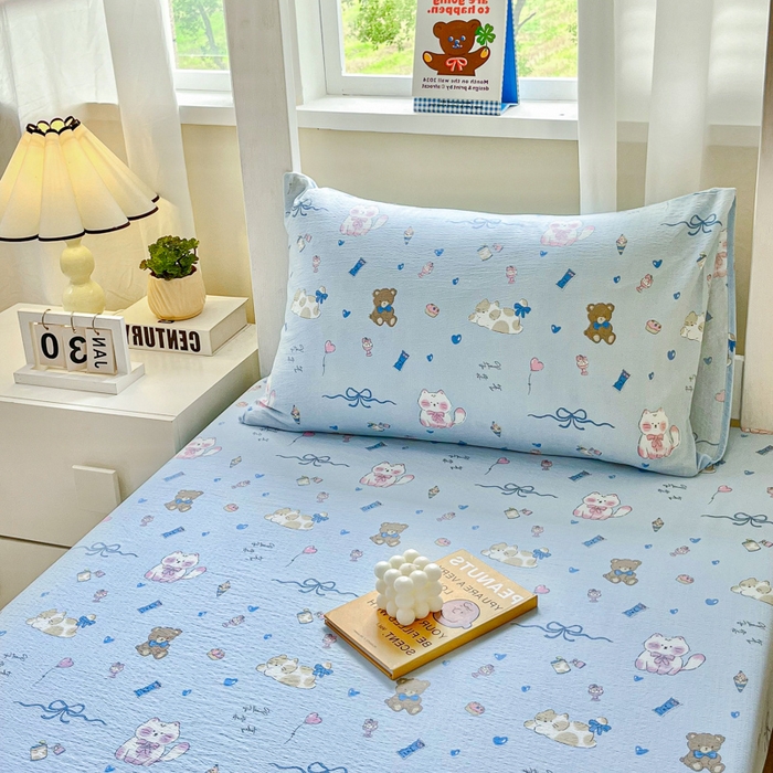 91家纺网 家纺一手货源 找家纺 优米家纺 2025新款A类云感双层纱学生宿舍三件套上下铺三件套 有趣乐园