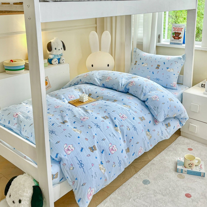 91家纺网 家纺一手货源 找家纺 优米家纺 2025新款A类云感双层纱学生宿舍三件套上下铺三件套 有趣乐园