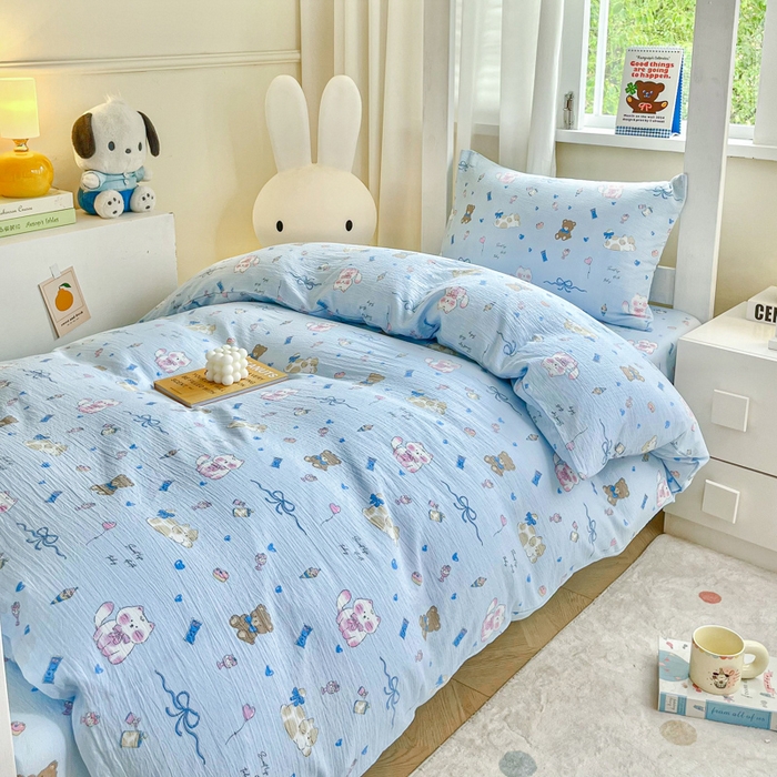 91家纺网 家纺一手货源 找家纺 优米家纺 2025新款A类云感双层纱学生宿舍三件套上下铺三件套 有趣乐园