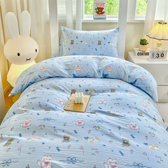 91家纺网 家纺一手货源 找家纺 优米家纺 2025新款A类云感双层纱学生宿舍三件套上下铺三件套 有趣乐园