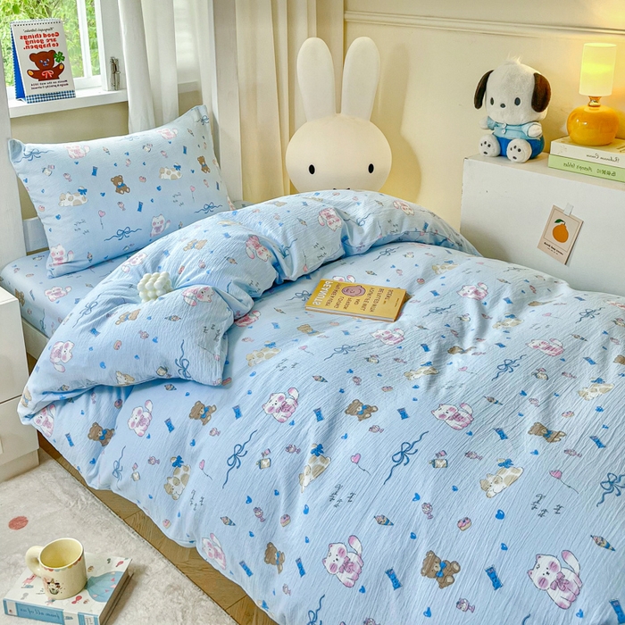 91家纺网 家纺一手货源 找家纺 优米家纺 2025新款A类云感双层纱学生宿舍三件套上下铺三件套 有趣乐园