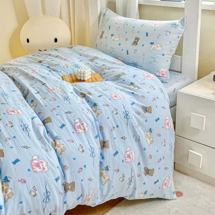 91家纺网 家纺一手货源 找家纺 优米家纺 2025新款A类云感双层纱学生宿舍三件套上下铺三件套 有趣乐园