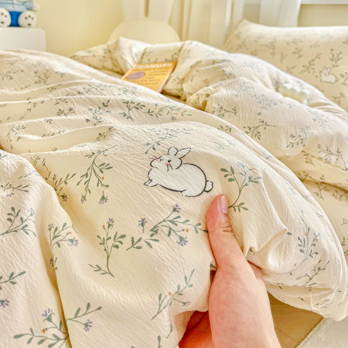 91家纺网 家纺一手货源 找家纺 优米家纺 2025新款A类云感双层纱学生宿舍三件套上下铺三件套 玉兰兔兔