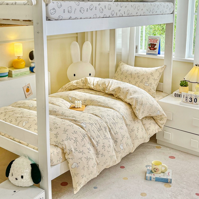 91家纺网 家纺一手货源 找家纺 优米家纺 2025新款A类云感双层纱学生宿舍三件套上下铺三件套 玉兰兔兔