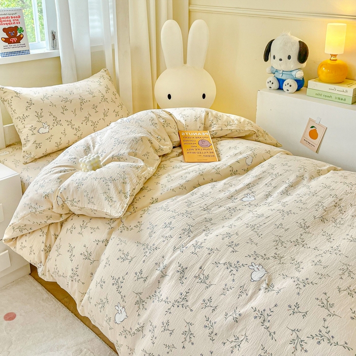 91家纺网 家纺一手货源 找家纺 优米家纺 2025新款A类云感双层纱学生宿舍三件套上下铺三件套 玉兰兔兔