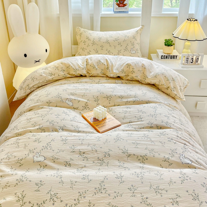 91家纺网 家纺一手货源 找家纺 优米家纺 2025新款A类云感双层纱学生宿舍三件套上下铺三件套 玉兰兔兔