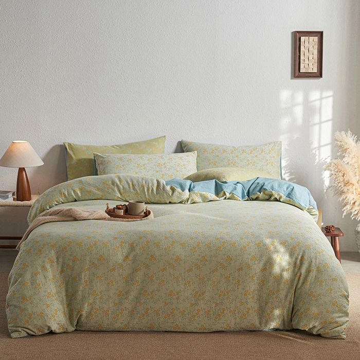 91家纺网 家纺一手货源 找家纺 三朵家纺 2025新款全棉纯棉水洗棉色织提花四件套 流年-黄