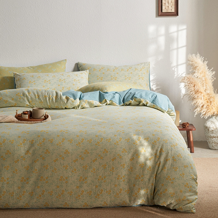 91家纺网 家纺一手货源 找家纺 三朵家纺 2025新款全棉纯棉水洗棉色织提花四件套 流年-黄