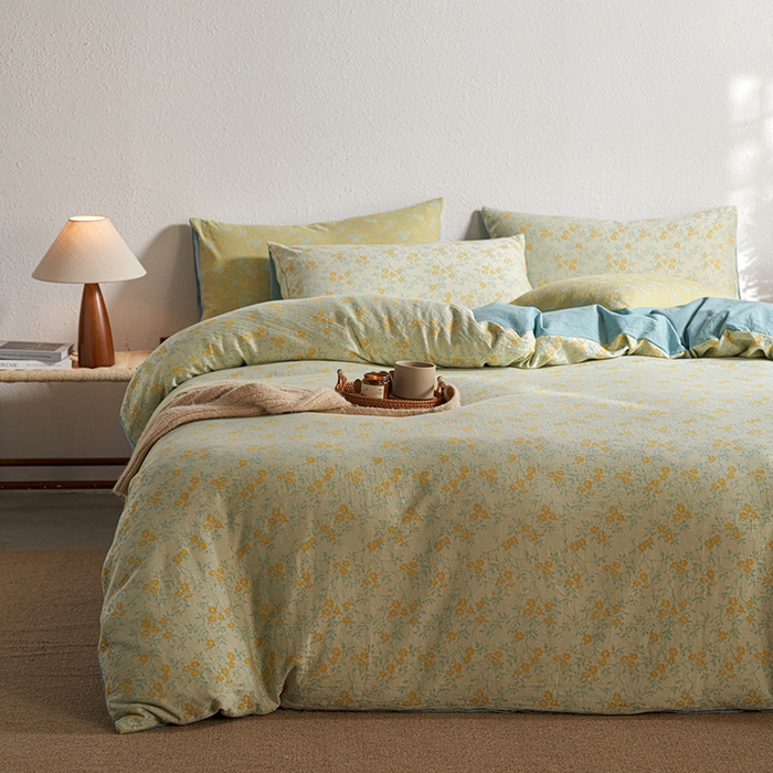 91家纺网 家纺一手货源 找家纺 三朵家纺 2025新款全棉纯棉水洗棉色织提花四件套 流年-黄