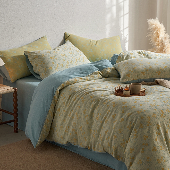 91家纺网 家纺一手货源 找家纺 三朵家纺 2025新款全棉纯棉水洗棉色织提花四件套 流年-黄