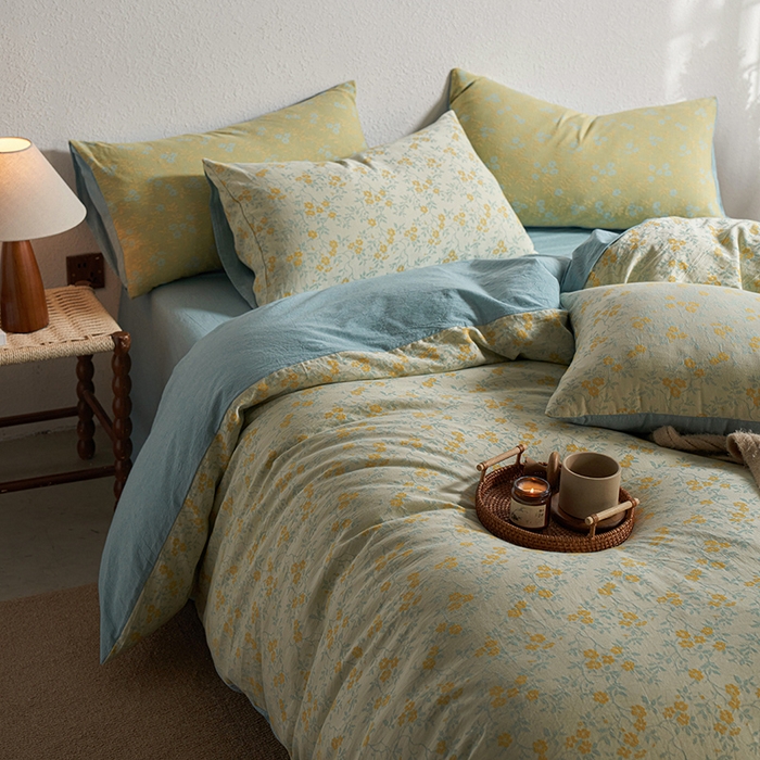 91家纺网 家纺一手货源 找家纺 三朵家纺 2025新款全棉纯棉水洗棉色织提花四件套 流年-黄