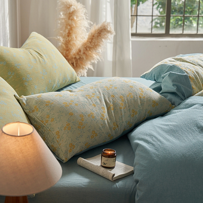 91家纺网 家纺一手货源 找家纺 三朵家纺 2025新款全棉纯棉水洗棉色织提花四件套 流年-黄