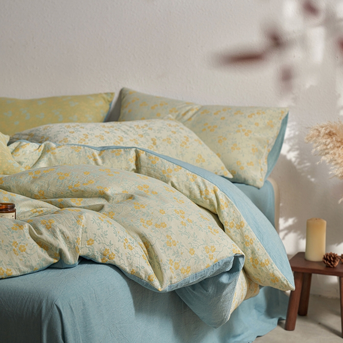 91家纺网 家纺一手货源 找家纺 三朵家纺 2025新款全棉纯棉水洗棉色织提花四件套 流年-黄