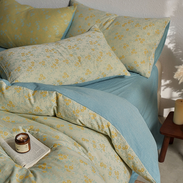 91家纺网 家纺一手货源 找家纺 三朵家纺 2025新款全棉纯棉水洗棉色织提花四件套 流年-黄