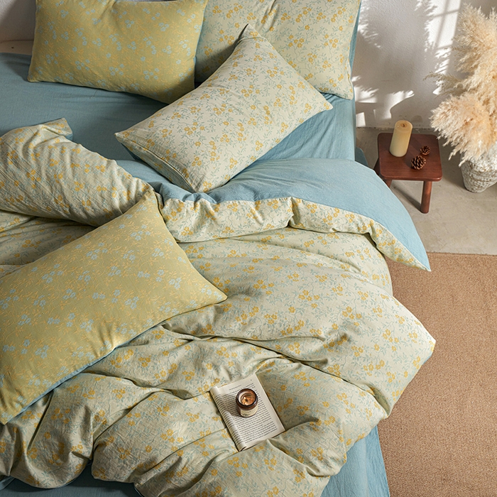 91家纺网 家纺一手货源 找家纺 三朵家纺 2025新款全棉纯棉水洗棉色织提花四件套 流年-黄