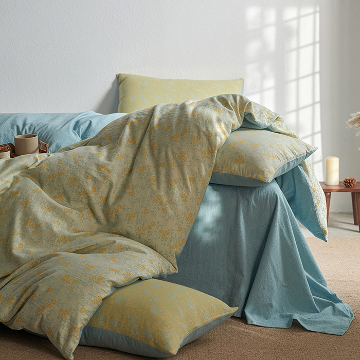 91家纺网 家纺一手货源 找家纺 三朵家纺 2025新款全棉纯棉水洗棉色织提花四件套 流年-黄