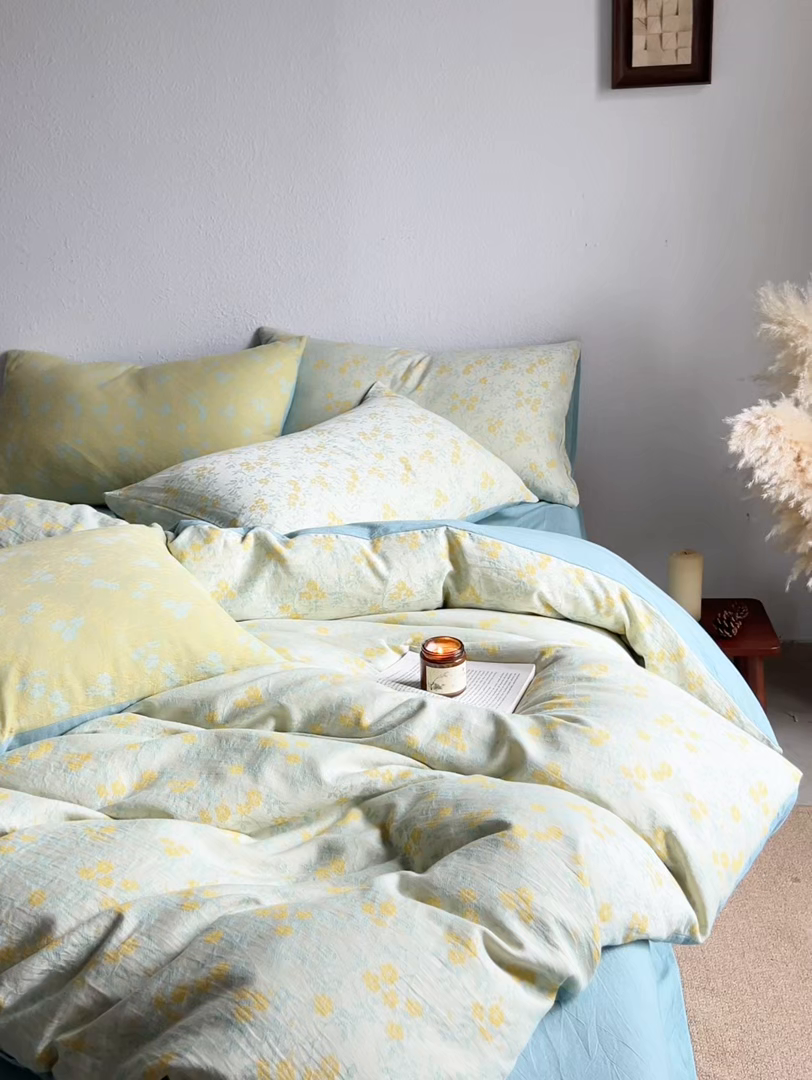 91家纺网 家纺一手货源 找家纺 三朵家纺 2025新款全棉纯棉水洗棉色织提花四件套 流年-黄