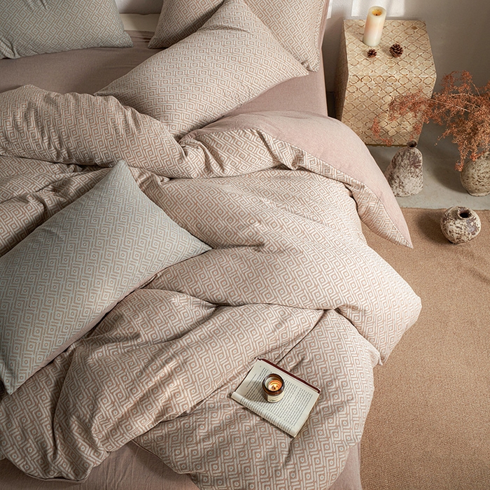 91家纺网 家纺一手货源 找家纺 三朵家纺 2025新款全棉纯棉水洗棉色织提花四件套 眉景-卡其