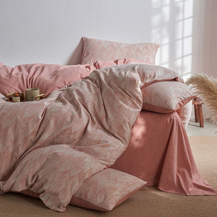 91家纺网 家纺一手货源 找家纺 三朵家纺 2025新款全棉纯棉水洗棉色织提花四件套 叶时光