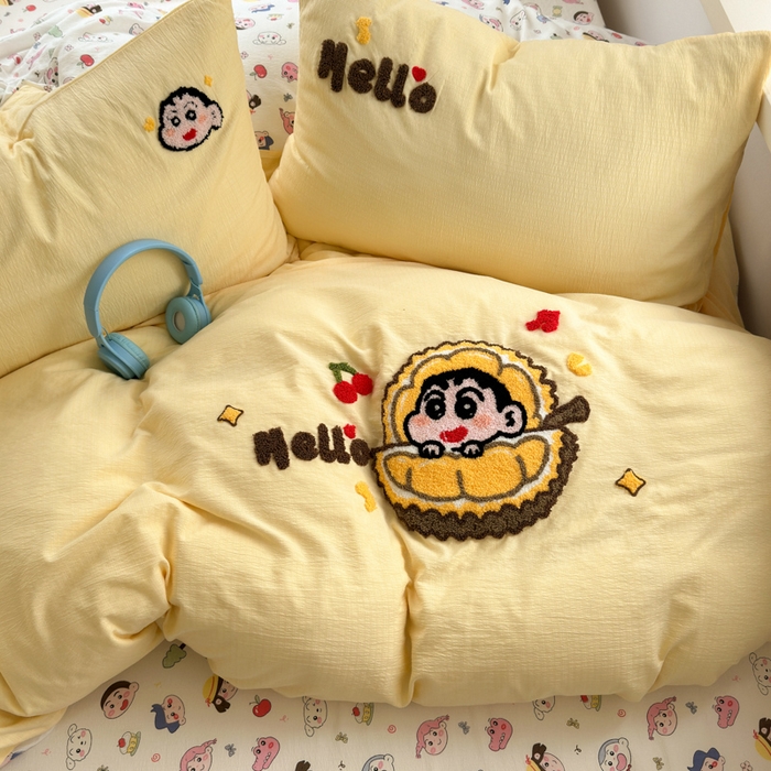 91家纺网 家纺一手货源 找家纺 三元色 2025新款云感毛巾绣四件套 榴莲小新