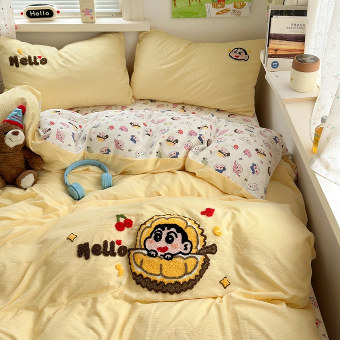 91家纺网 家纺一手货源 找家纺 三元色 2025新款云感毛巾绣四件套 榴莲小新