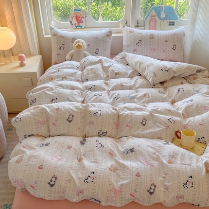 晚爱家纺（原晚安家居） 2025新款超柔水洗棉四件套卡通小清新学生宿舍三件套 粉色猫咪