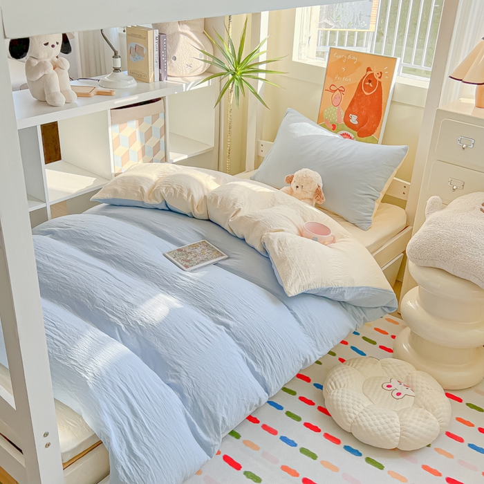 91家纺网 家纺一手货源 找家纺 韩巢家纺 2025新款纯色水洗棉寝室上下铺三件套学生宿舍床上三件套 水洗棉浅蓝黄