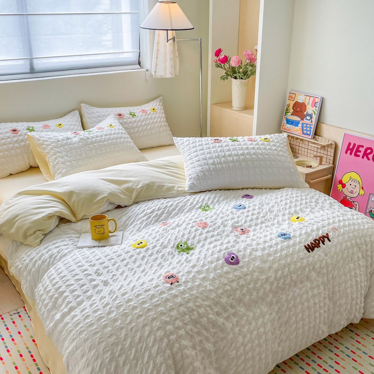 91家纺网 家纺一手货源 找家纺 （总）千希家纺 2025新款高克重超柔泡泡纱毛巾绣泡芙精灵系列四件套