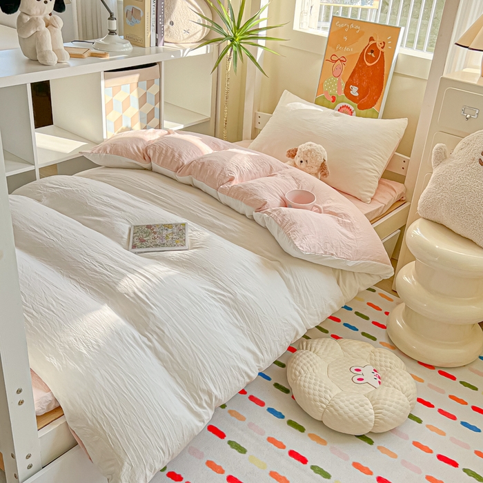 91家纺网 家纺一手货源 找家纺 韩巢家纺 2025新款纯色水洗棉寝室上下铺三件套学生宿舍床上三件套 水洗棉白浅粉