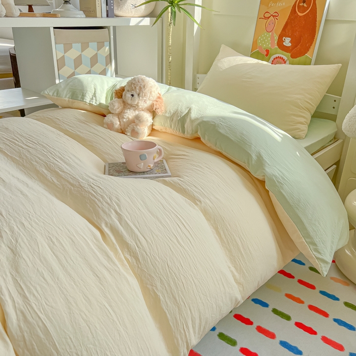 91家纺网 家纺一手货源 找家纺 韩巢家纺 2025新款纯色水洗棉寝室上下铺三件套学生宿舍床上三件套 水洗棉奶黄绿