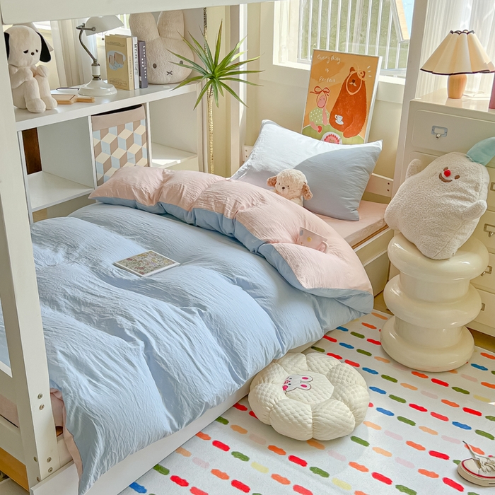 91家纺网 家纺一手货源 找家纺 韩巢家纺 2025新款纯色水洗棉寝室上下铺三件套学生宿舍床上三件套 水洗棉蓝粉