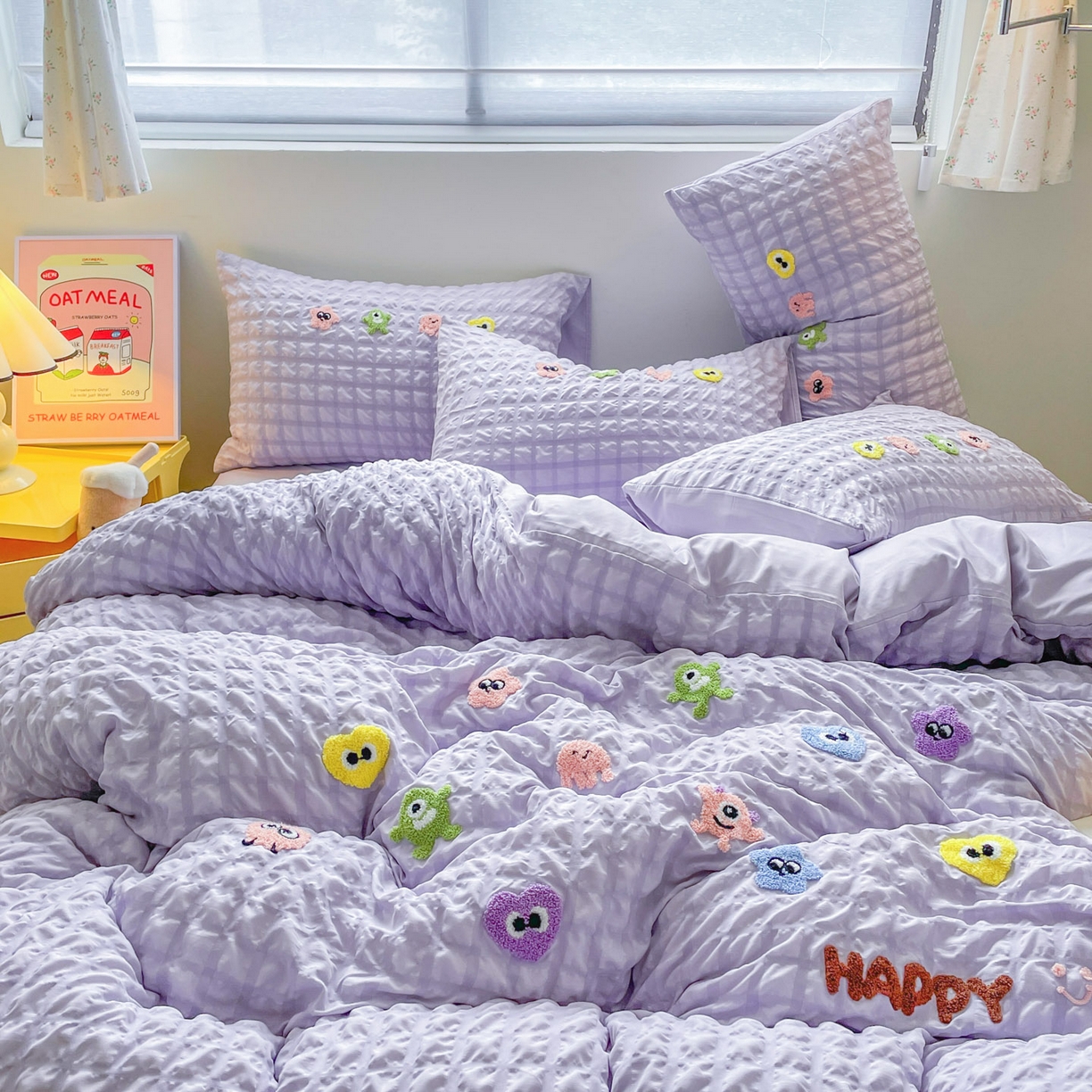 91家纺网 家纺一手货源 找家纺 千希家纺 2025新款高克重超柔泡泡纱毛巾绣泡芙精灵系列四件套 泡芙精灵-香芋紫