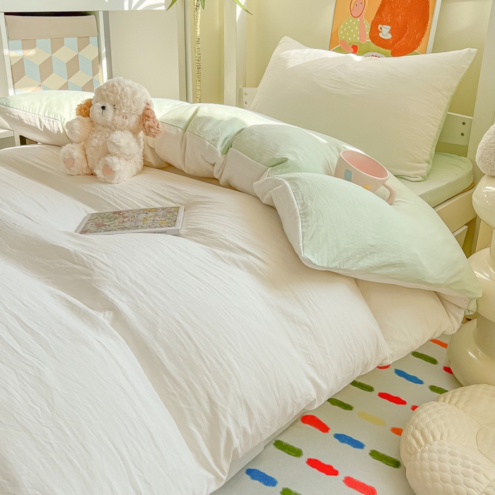 91家纺网 家纺一手货源 找家纺 韩巢家纺 2025新款纯色水洗棉寝室上下铺三件套学生宿舍床上三件套 水洗棉白绿