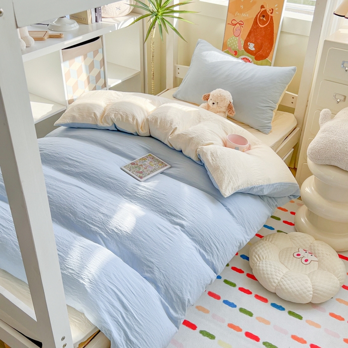 91家纺网 家纺一手货源 找家纺 韩巢家纺 2025新款纯色水洗棉寝室上下铺三件套学生宿舍床上三件套 水洗棉浅蓝黄