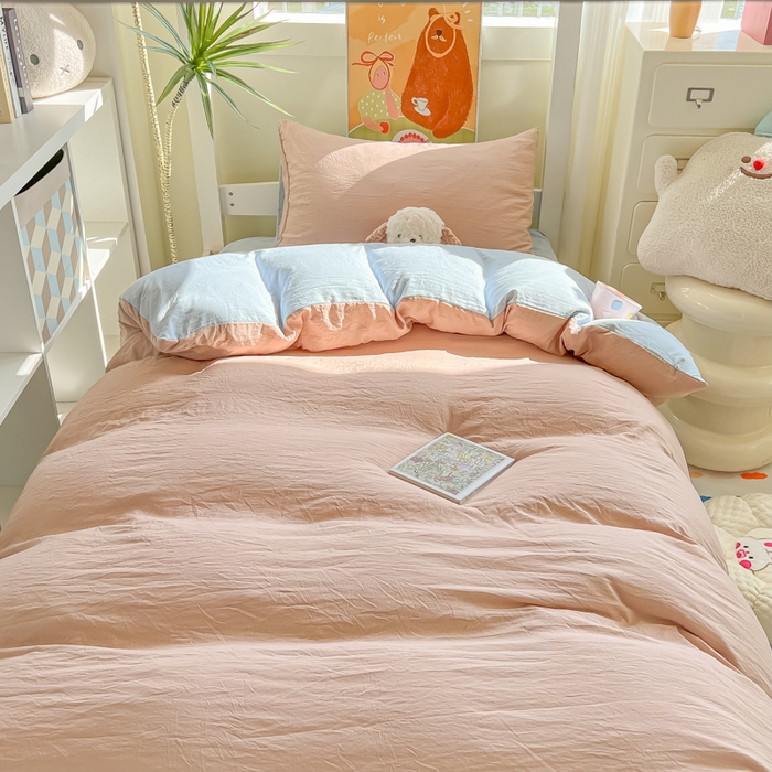 91家纺网 家纺一手货源 找家纺 韩巢家纺 2025新款纯色水洗棉寝室上下铺三件套学生宿舍床上三件套 水洗棉咖蓝