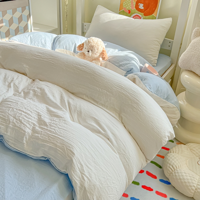 91家纺网 家纺一手货源 找家纺 韩巢家纺 2025新款纯色水洗棉寝室上下铺三件套学生宿舍床上三件套 水洗棉白蓝