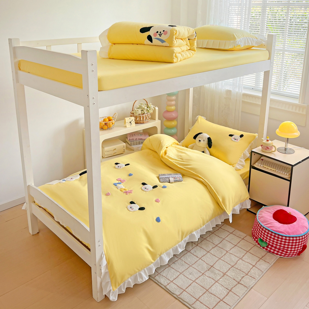 91家纺网 家纺一手货源 找家纺 雨菲家纺 2025新款学生季水洗棉毛巾绣花荷叶花边三件套四件套床单床笠款 开心狗黄