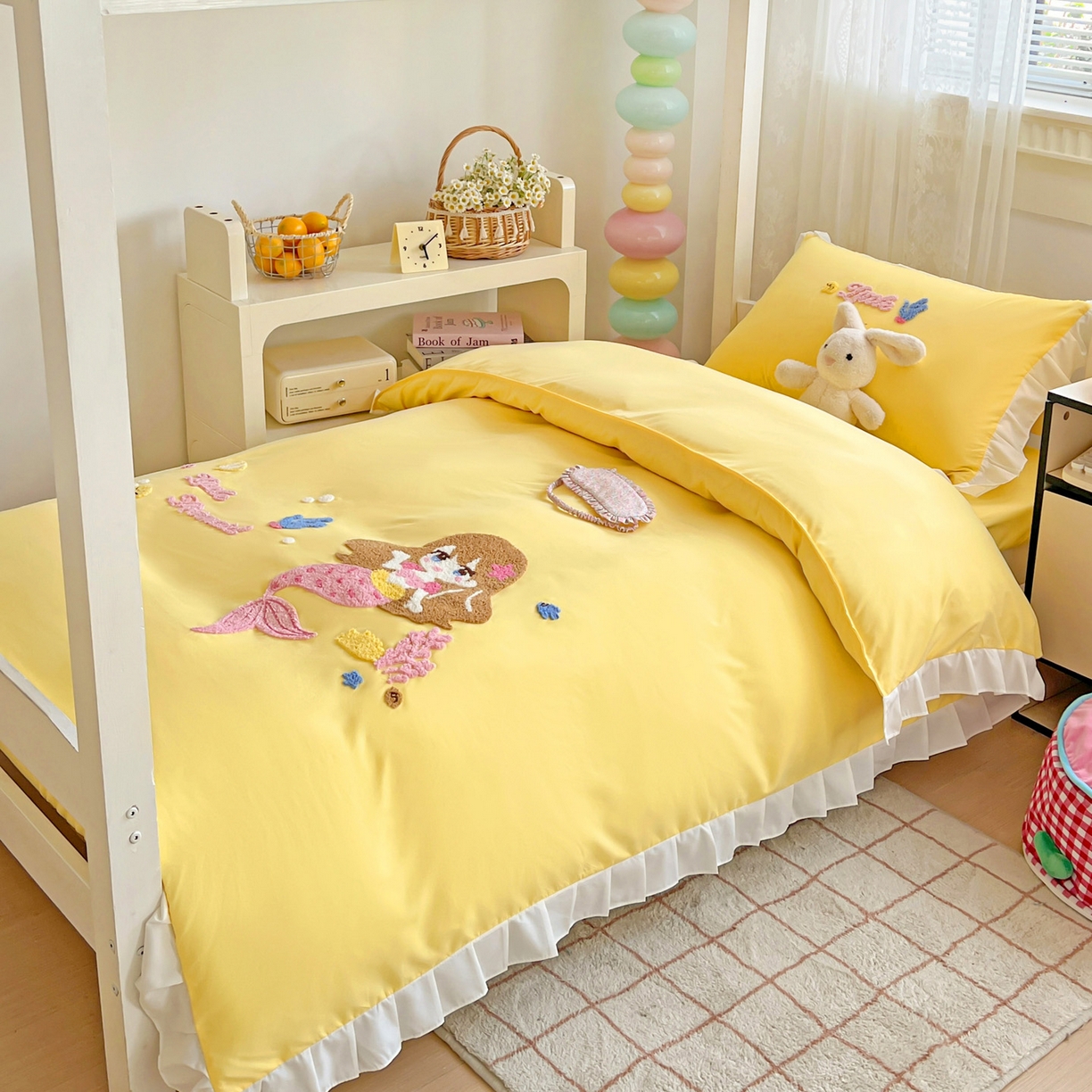 91家纺网 家纺一手货源 找家纺 雨菲家纺 2025新款学生季水洗棉毛巾绣花荷叶花边三件套四件套床单床笠款 美人鱼黄