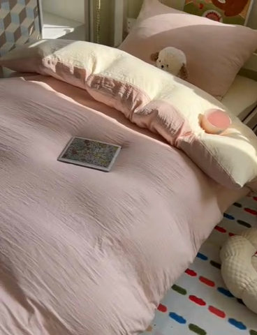 91家纺网 家纺一手货源 找家纺 韩巢家纺 2025新款纯色水洗棉寝室上下铺三件套学生宿舍床上三件套 水洗棉浅粉黄