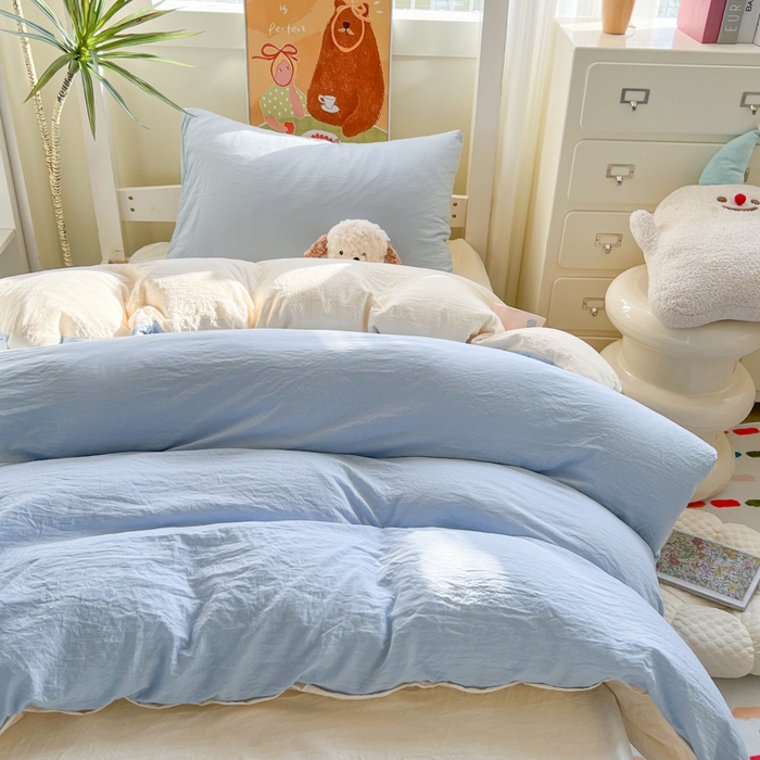 91家纺网 家纺一手货源 找家纺 韩巢家纺 2025新款纯色水洗棉寝室上下铺三件套学生宿舍床上三件套 水洗棉浅蓝黄