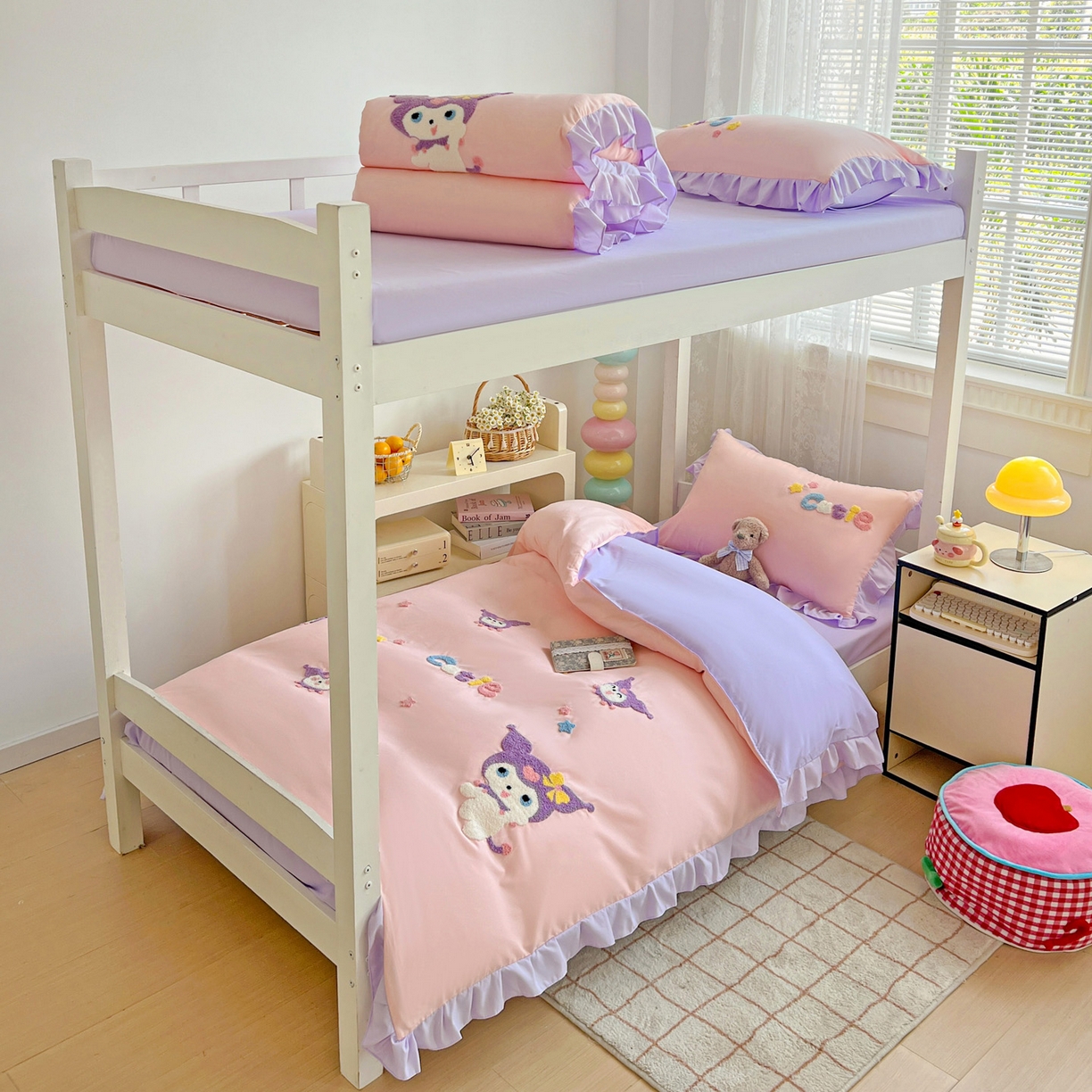 91家纺网 家纺一手货源 找家纺 雨菲家纺 2025新款学生季水洗棉毛巾绣花荷叶花边三件套四件套床单床笠款 米米兔粉紫