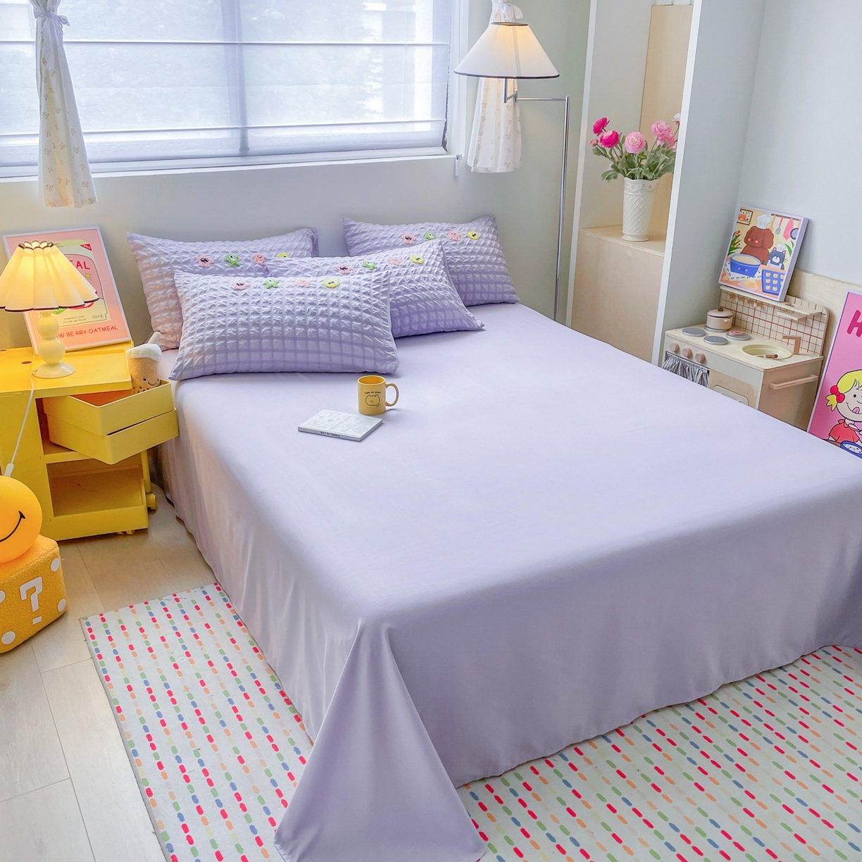 91家纺网 家纺一手货源 找家纺 千希家纺 2025新款高克重超柔泡泡纱毛巾绣泡芙精灵系列四件套 泡芙精灵-香芋紫