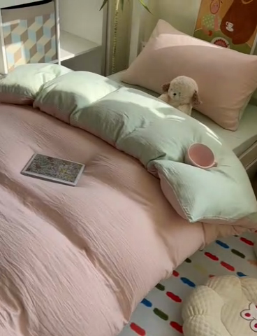 91家纺网 家纺一手货源 找家纺 韩巢家纺 2025新款纯色水洗棉寝室上下铺三件套学生宿舍床上三件套 水洗棉浅粉绿