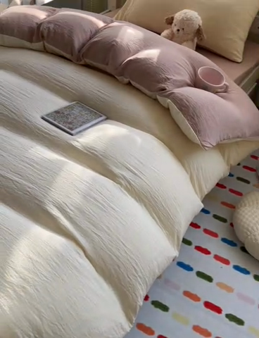 91家纺网 家纺一手货源 找家纺 韩巢家纺 2025新款纯色水洗棉寝室上下铺三件套学生宿舍床上三件套 水洗棉奶黄咖