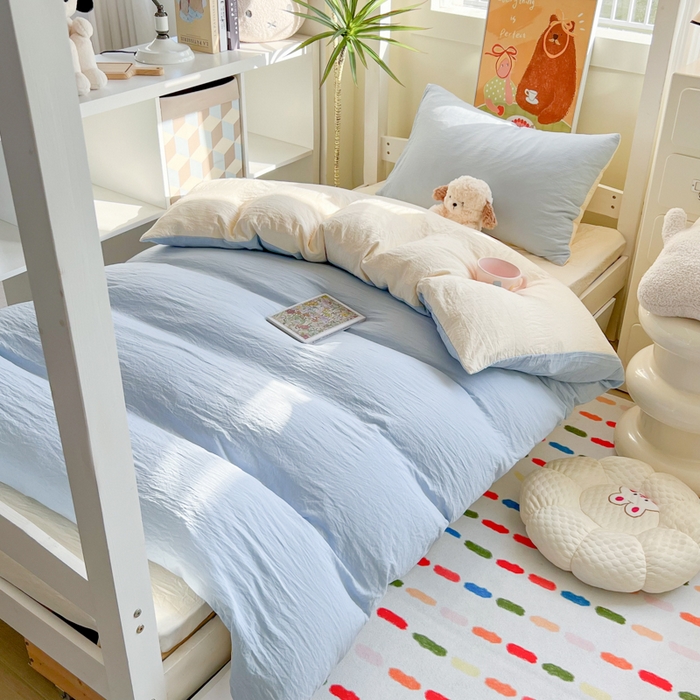 91家纺网 家纺一手货源 找家纺 韩巢家纺 2025新款纯色水洗棉寝室上下铺三件套学生宿舍床上三件套 水洗棉浅蓝黄