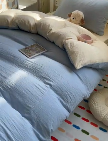 91家纺网 家纺一手货源 找家纺 韩巢家纺 2025新款纯色水洗棉寝室上下铺三件套学生宿舍床上三件套 水洗棉浅蓝黄