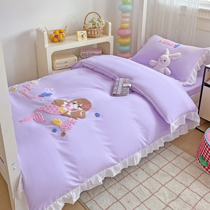 91家纺网 家纺一手货源 找家纺 （总）雨菲家纺 2025新款学生季水洗棉毛巾绣花荷叶花边三件套四件套床单床笠款