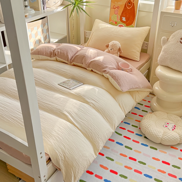 91家纺网 家纺一手货源 找家纺 韩巢家纺 2025新款纯色水洗棉寝室上下铺三件套学生宿舍床上三件套 水洗棉奶黄咖